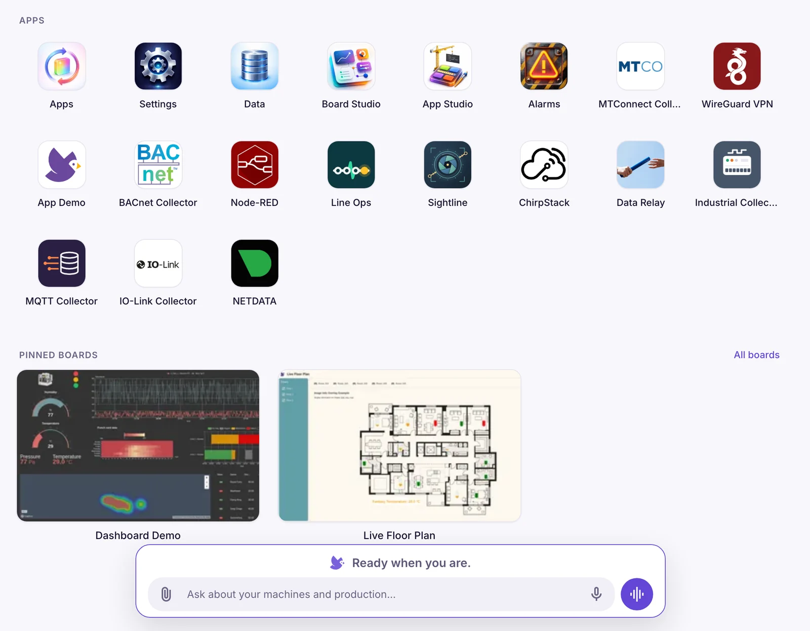 The home page of an IronFlock project: its installed apps, pinned boards and the assistant's prompt
