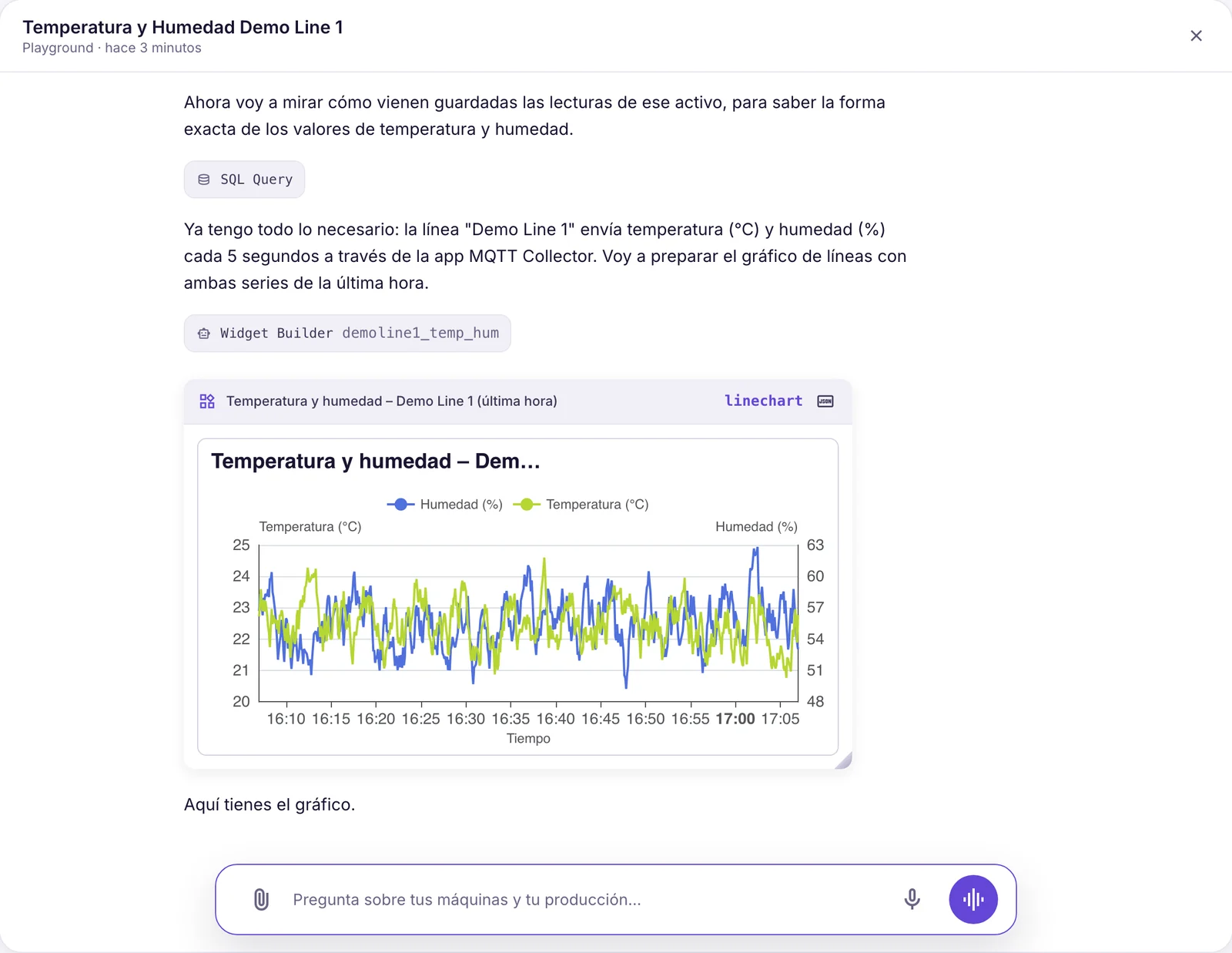 Conversación con el asistente de IronFlock: comprueba los datos, crea un widget y muestra un gráfico de líneas en vivo de temperatura y humedad de la última hora