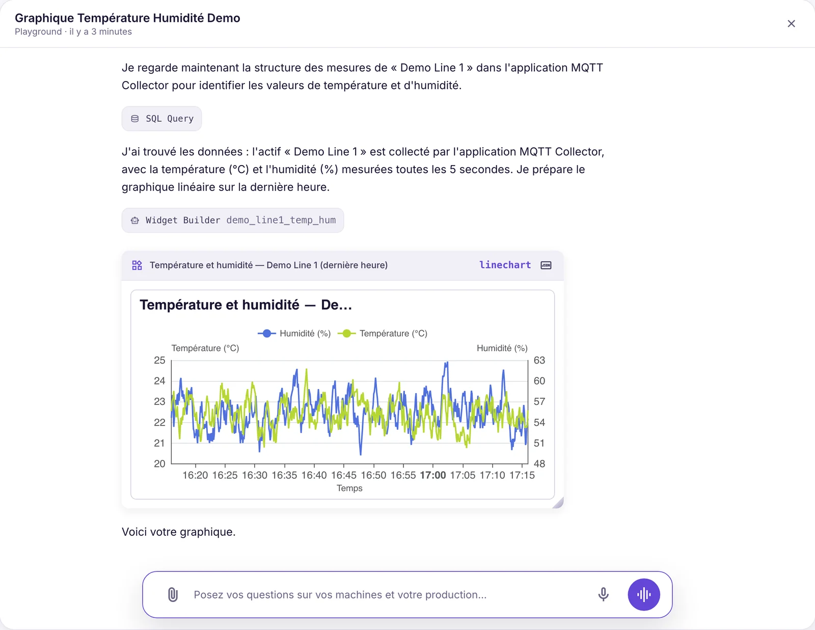 Conversation avec l'assistant IronFlock : il vérifie les données, crée un widget et affiche une courbe en direct de la température et de l'humidité sur la dernière heure